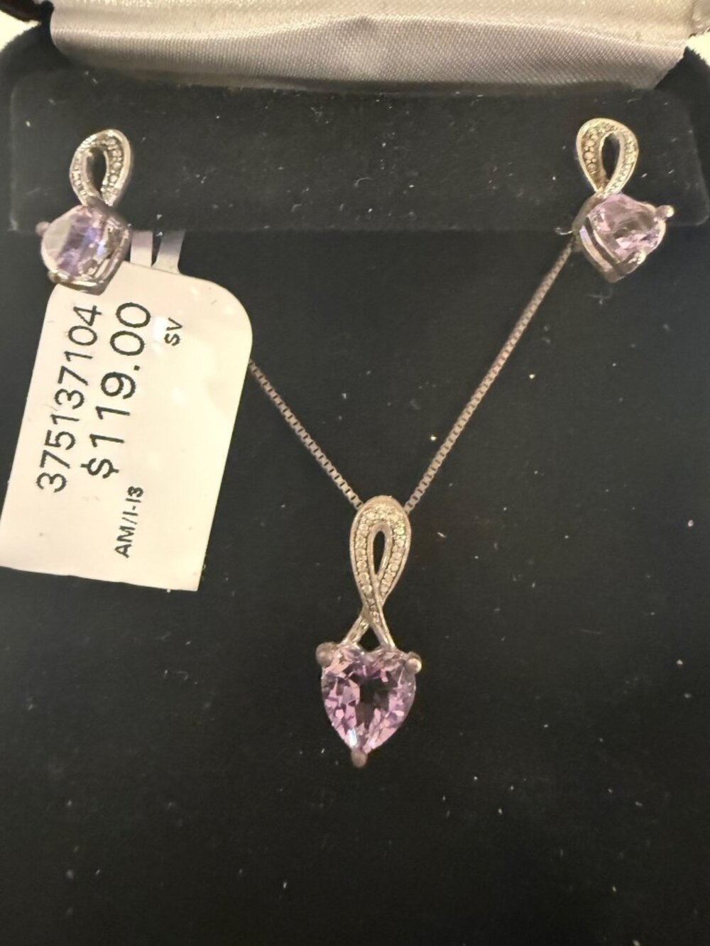 Kay Jewelers Sterling Silver Amethyst Heart Pendant Necklace & Earrings Set With
